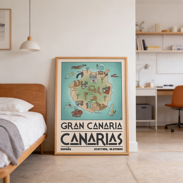 Typography-led Gran Canaria Canarias poster print with coordinates and España text