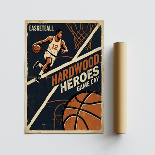 Illustrated sports poster print featuring basketball player and court line details