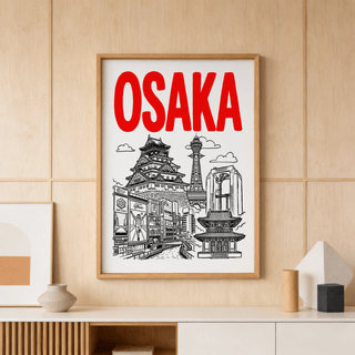Detailed city landmark poster showing Osaka castle and canal scene