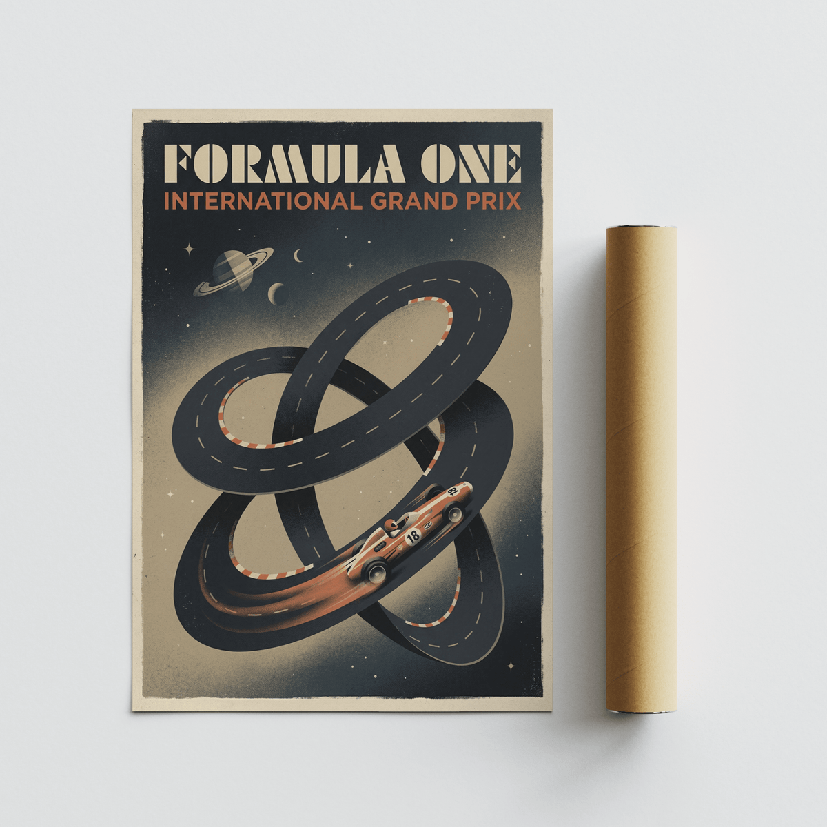 Captured Racing Car Wall Art featuring a Formula One-inspired layout and speeding car