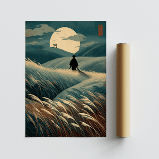 Silhouette figure landscape wall art with distant torii gate on the ridge
