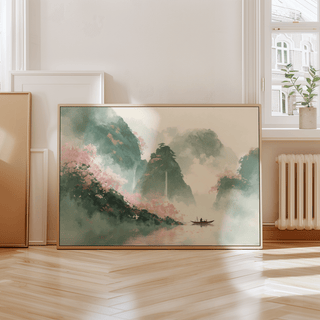 Mountain Landscape Art Print with green mountains for tranquil study wall art