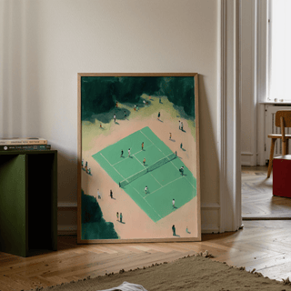 Minimal scene print featuring Tennis Court Wall Art with bird’s-eye court layout and figures in motion