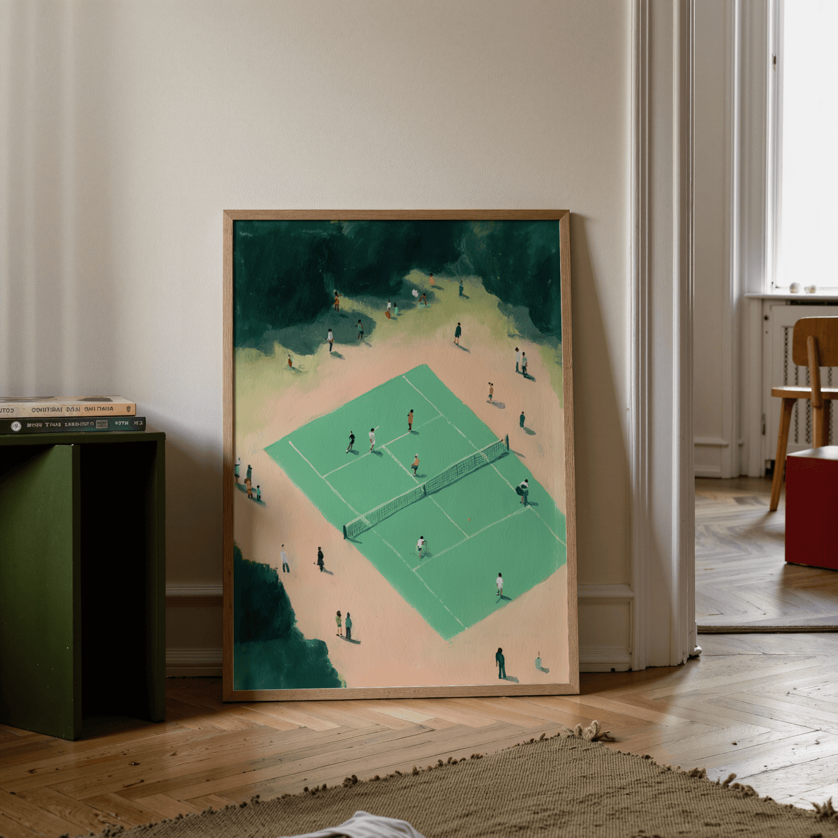 Minimal scene print featuring Tennis Court Wall Art with bird’s-eye court layout and figures in motion