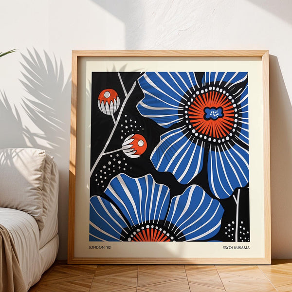 Blue and orange flowers prints for stylish bedroom decoration
