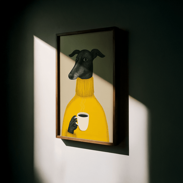 Modern Illustrative Dog Wall Art in beige, yellow, and black for hallway