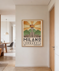 Graphic Lombardy skyline in green, orange, and beige color scheme