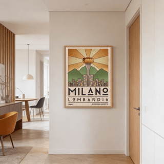 Graphic Lombardy skyline in green, orange, and beige color scheme