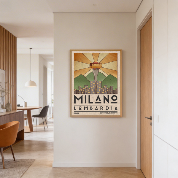 Graphic Lombardy skyline in green, orange, and beige color scheme