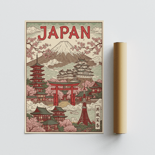 Japan Art Print with historic Japanese buildings in Pink for entryway poster