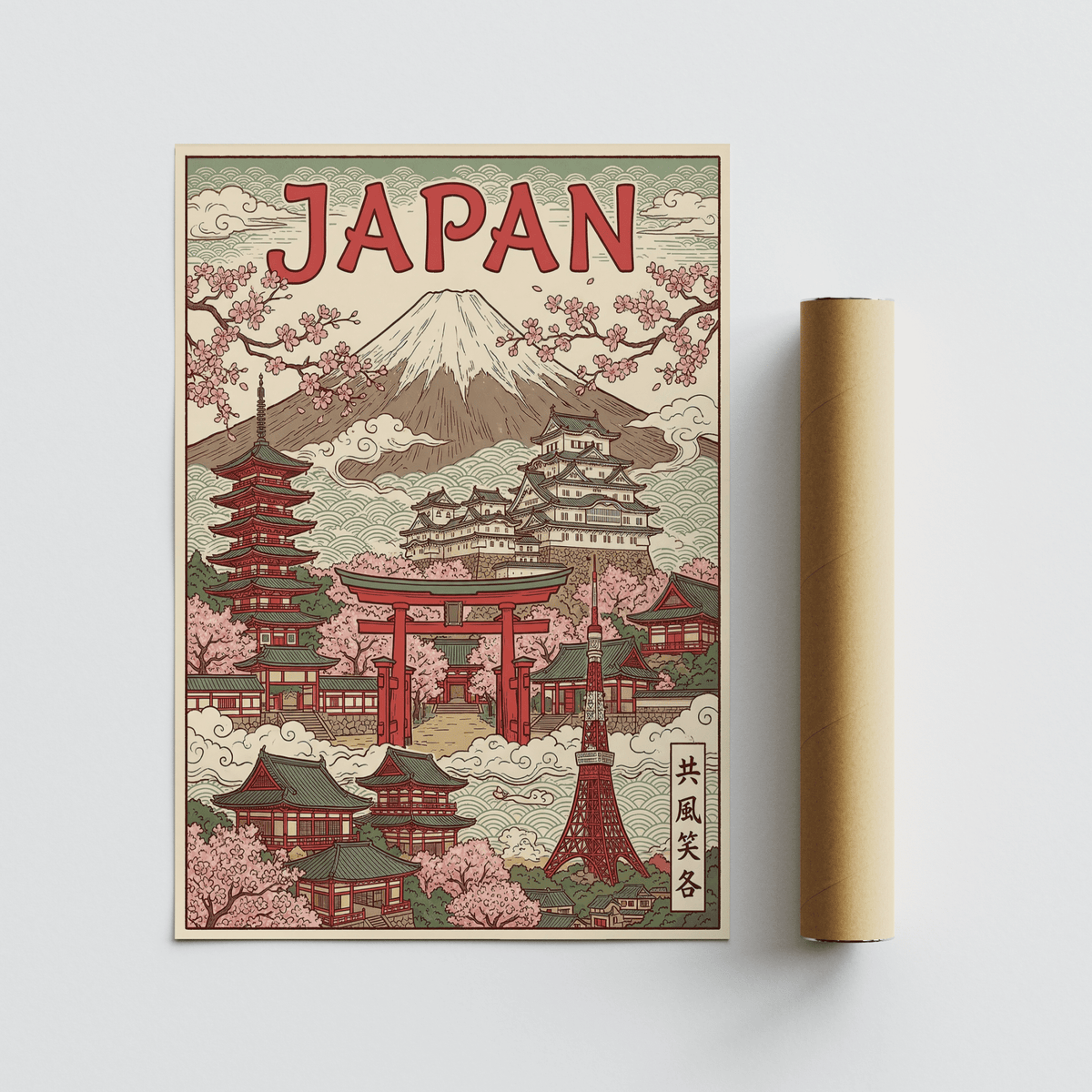 Japan Art Print with historic Japanese buildings in Pink for entryway poster