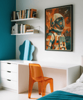 Retro Astronaut Poster showing Blue Green Orange Beige in a modern art print