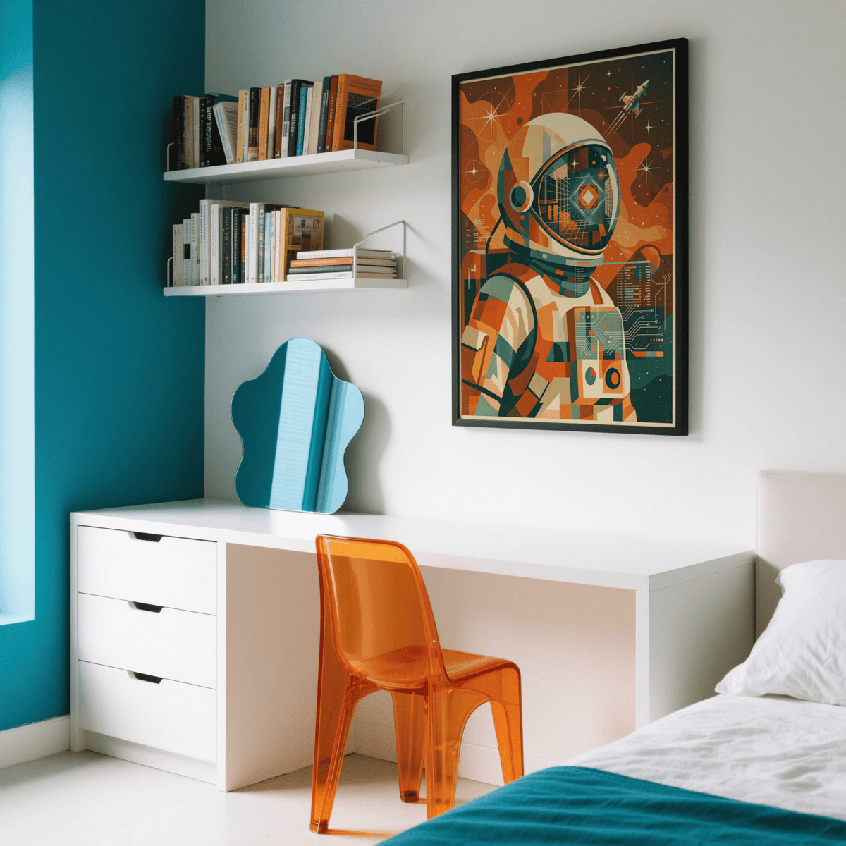 Retro Astronaut Poster showing Blue Green Orange Beige in a modern art print