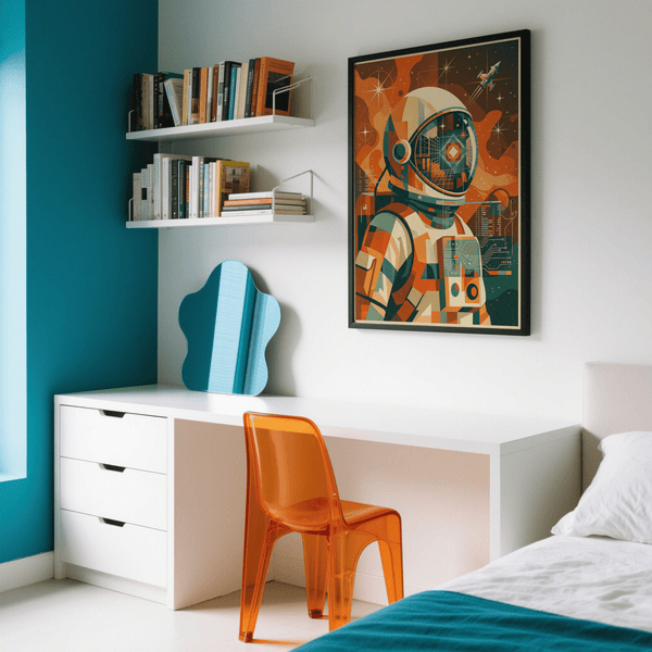 Retro Astronaut Poster showing Blue Green Orange Beige in a modern art print