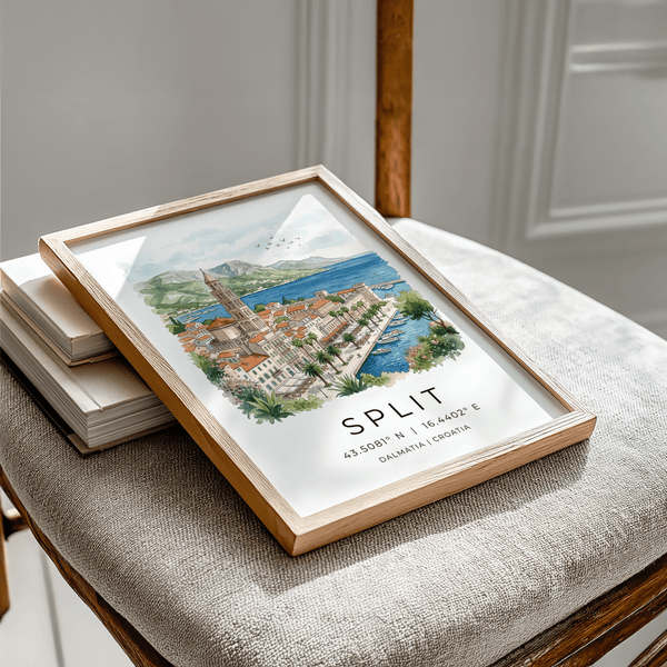 Panoramic Split Croatia poster print featuring bell tower, promenade, and birds