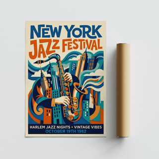Vintage Jazz Music Poster with October date text, skyline illustration, and saxophone motif