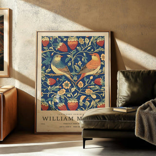 Strawberry vines and blossoms in vintage wall art for hallway