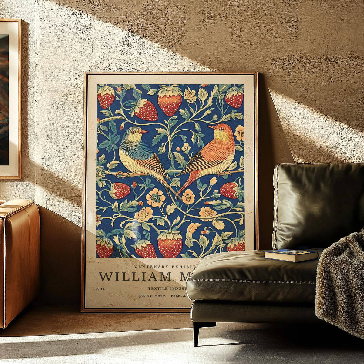 Strawberry vines and blossoms in vintage wall art for hallway