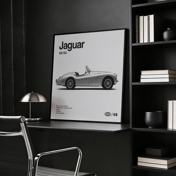 Jaguar XK120 Art Print for modern office with Black and White colors, poster