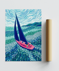 Blue Sailboat Art Print with green sea accents for hallway display
