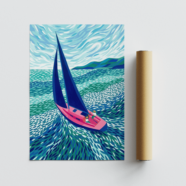 Blue Sailboat Art Print with green sea accents for hallway display