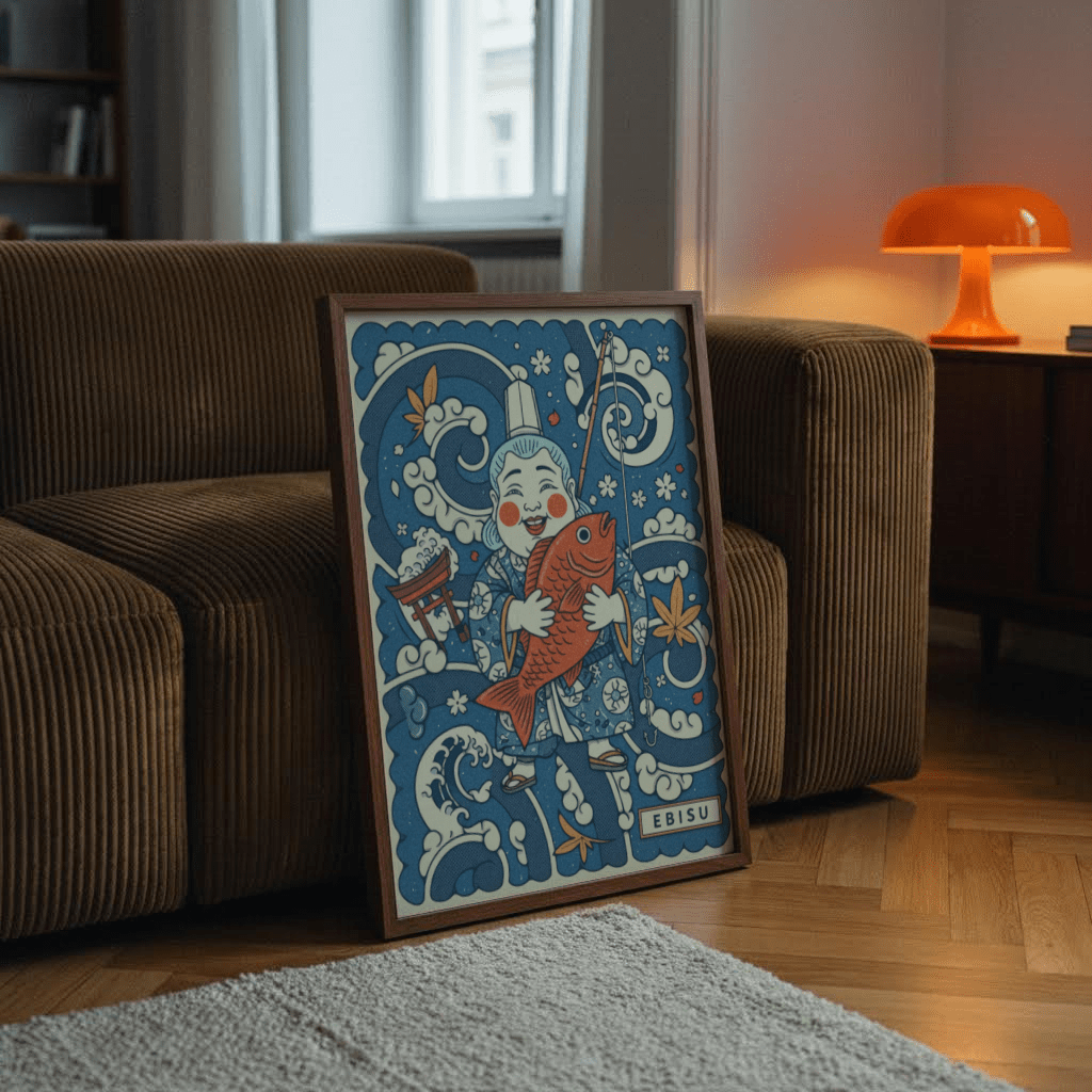 Framed room mockup showing Ebisu character poster wall art with fishing rod linework