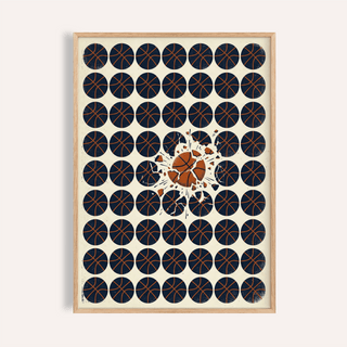 Graphic basketball poster with grid of dark circles and one shattered ball center