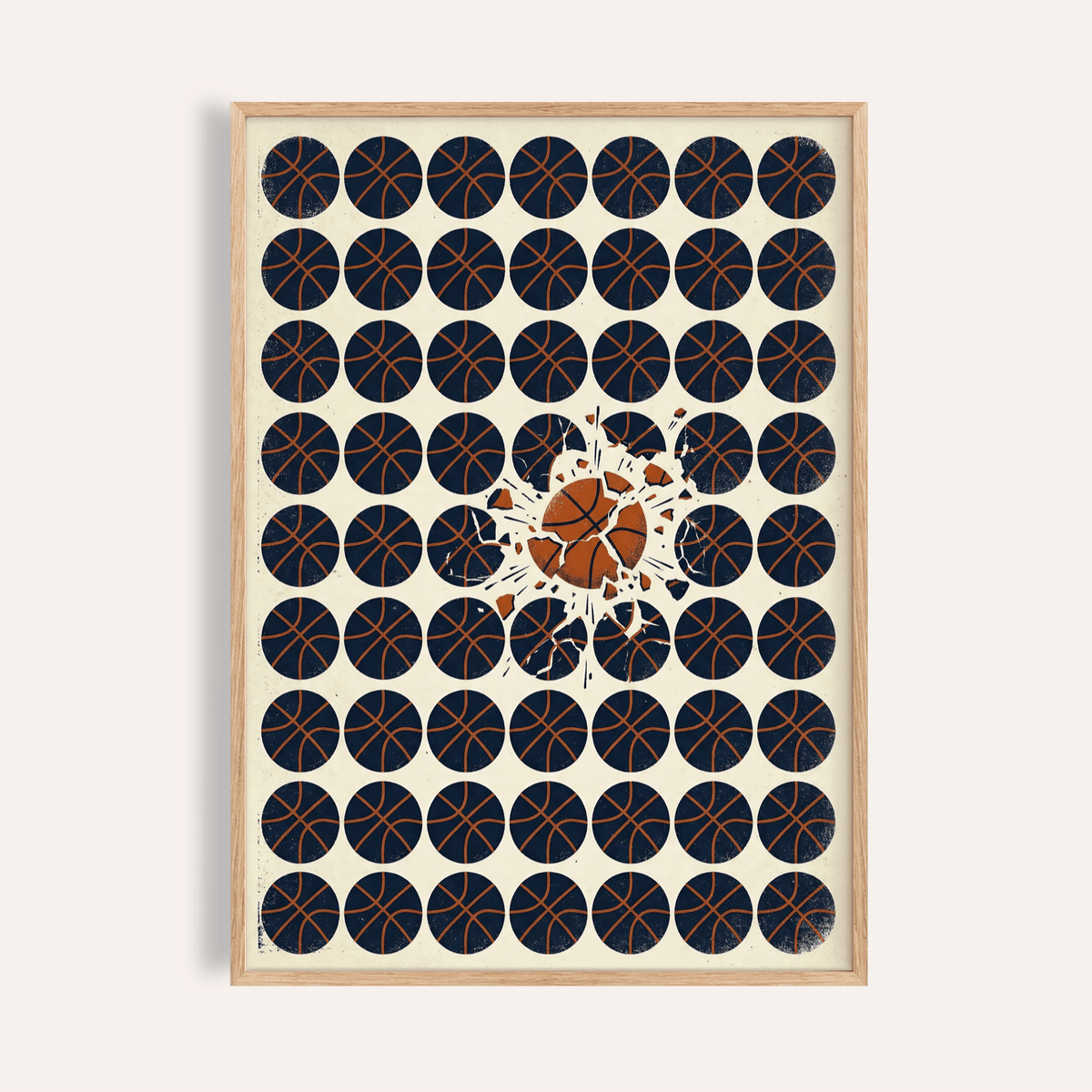Graphic basketball poster with grid of dark circles and one shattered ball center