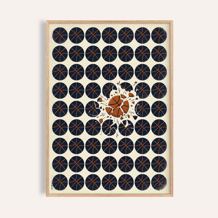 Graphic basketball poster with grid of dark circles and one shattered ball center