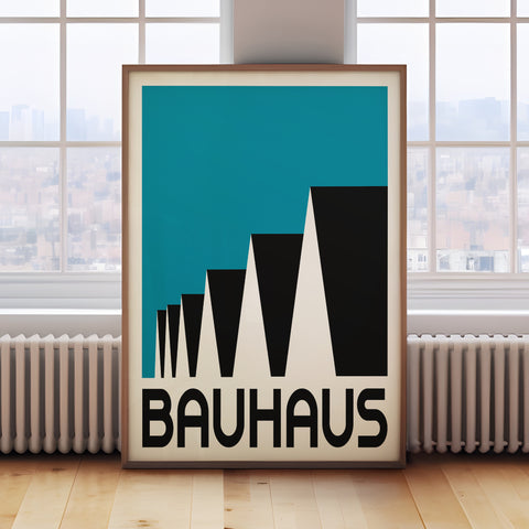 Bold Bauhaus rooftop wall art in blue and black, perfect for contemporary interiors

