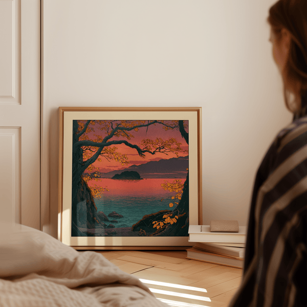 Quiet lake landscape poster with island centerpiece and negative space