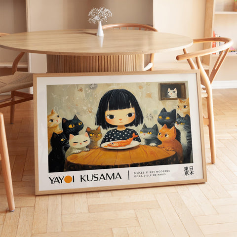 Horizontal wall art of a girl dining with cats for kids&#39; rooms