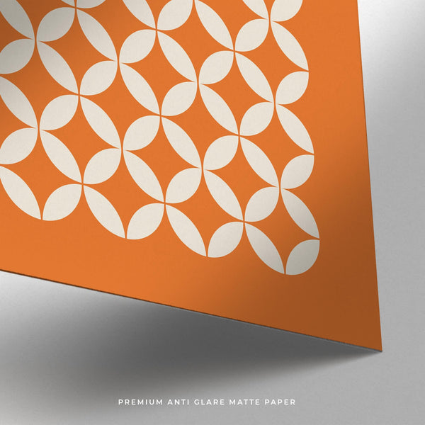 Abstract orange poster showing interlocking cream petal forms on vivid orange.