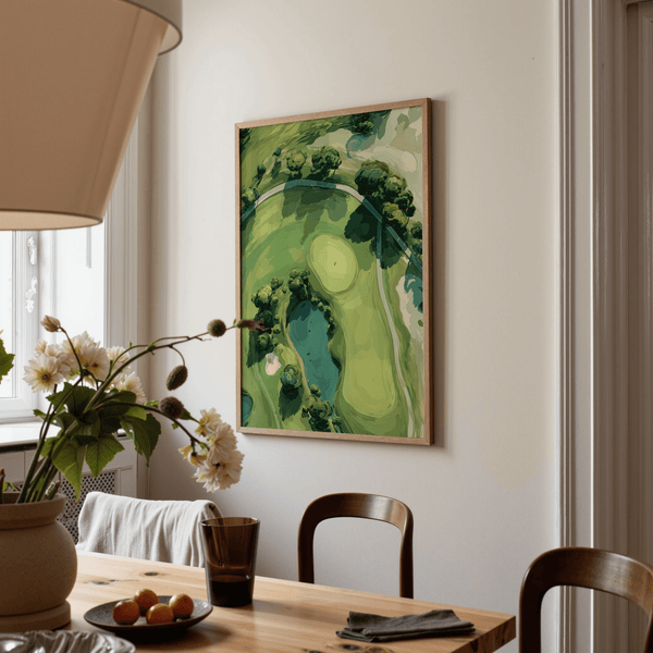 Painterly golf course poster print in Green, Blue, Beige with pond and putting green
