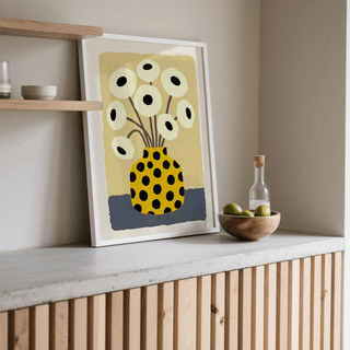 Contemporary Yellow Vase Poster for creative workspace with Yellow, Black, Beige, Blue