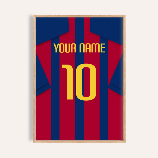 Barcelona Football Shirt Poster hanging above a desk with striped jersey graphic