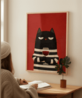Cat Wine Art Print with cozy vibes, perfect for study room wall art