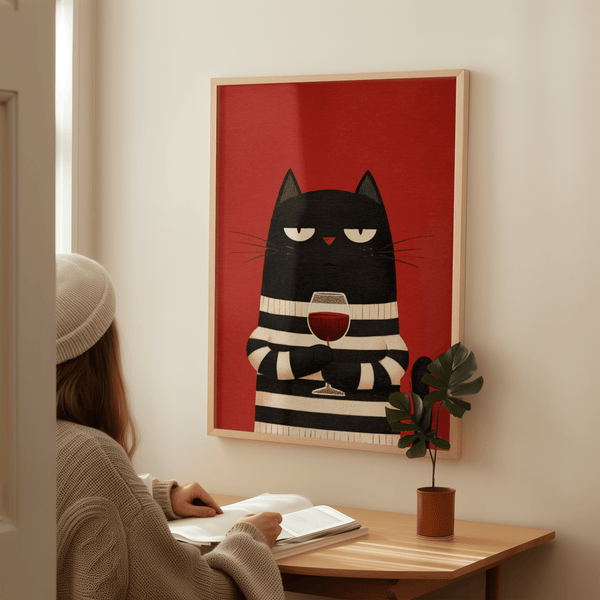 Cat Wine Art Print with cozy vibes, perfect for study room wall art