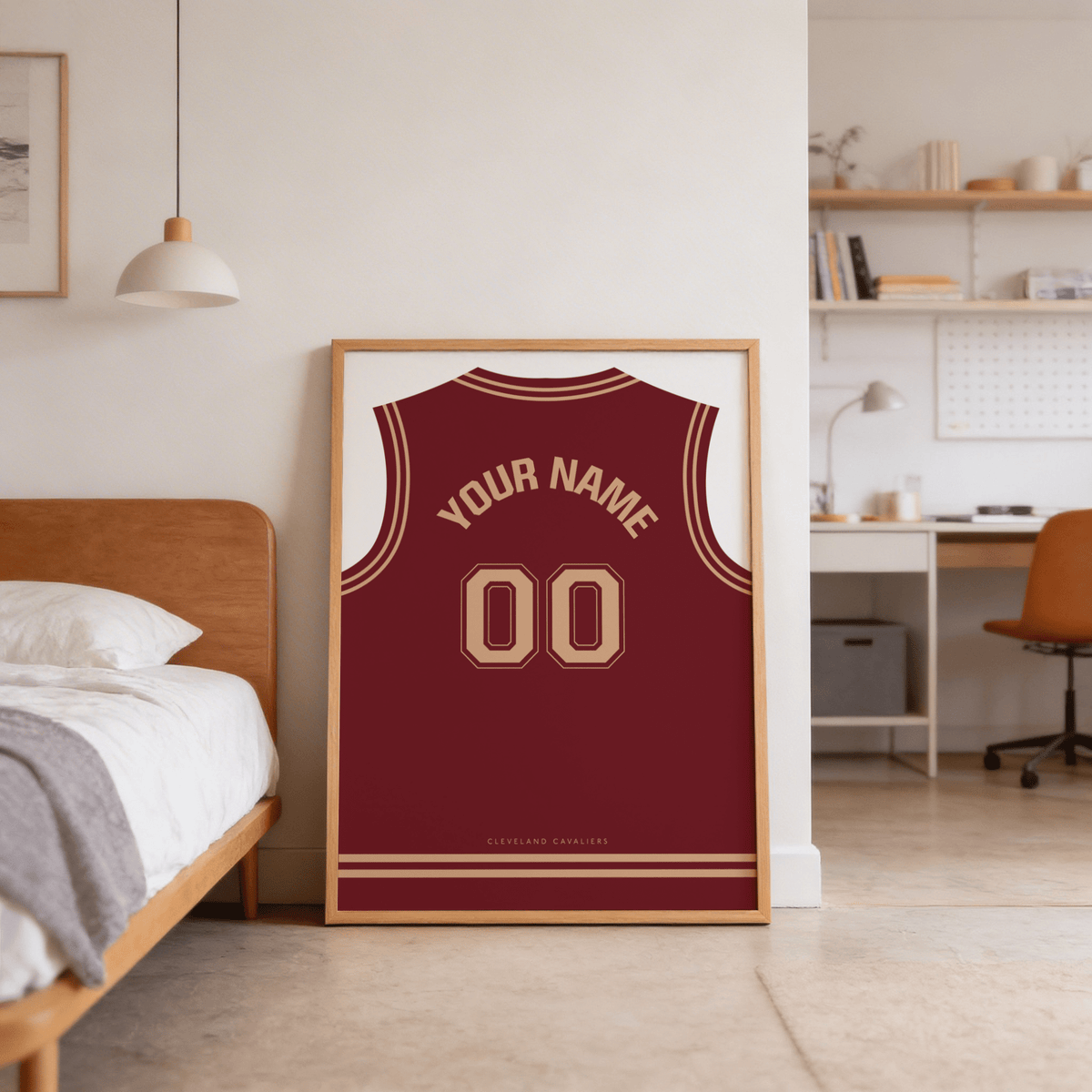 Depicting Cleveland Cavaliers Basketball Jersey Poster design with striped collar trim and bold 00 number