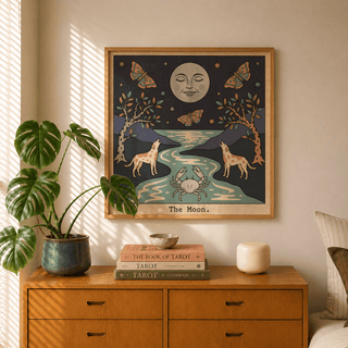 Illustrated tarot print showing a central moon face above a river, wolves, and starry sky