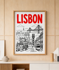 Featuring suspension bridge and river, Lisbon Travel Art wall art poster in line drawing style