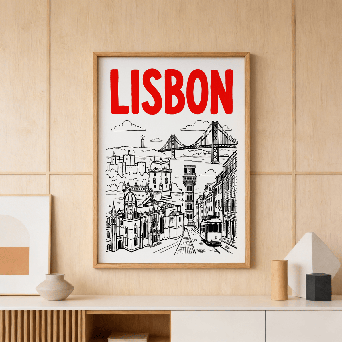 Featuring suspension bridge and river, Lisbon Travel Art wall art poster in line drawing style