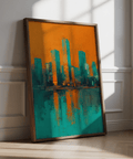 Modern Skyline Poster ideal for study with bold teal and orange colors as art print
