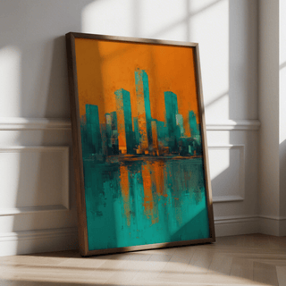 Modern Skyline Poster ideal for study with bold teal and orange colors as art print