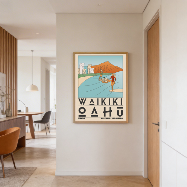 Minimal surf scene art with flat beige sand, blue ocean, and skyline blocks