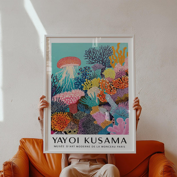 Coral Reef Art showcasing a floating jellyfish and dotted coral patterns.