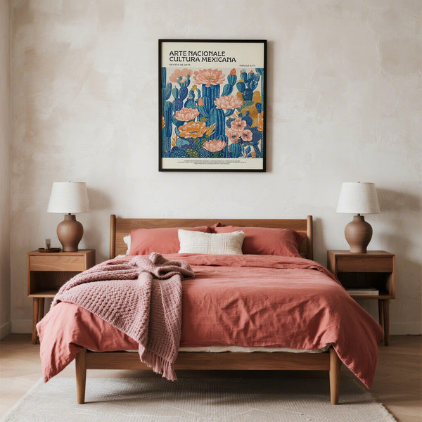 Poster print featuring Mexican Boho Decor with tall cacti and layered florals.