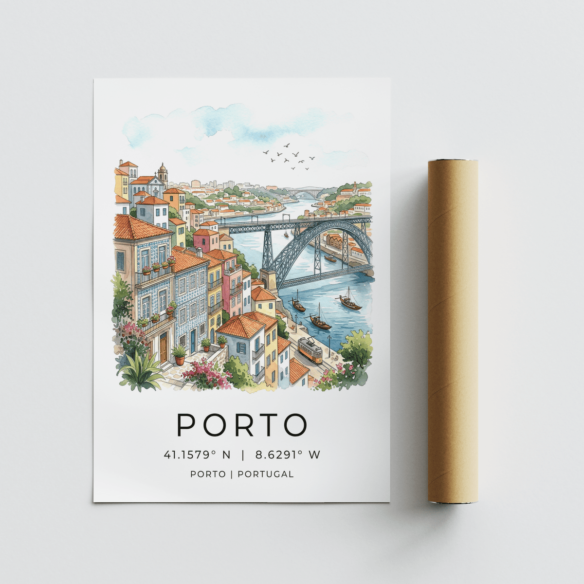 Full Porto City Art Print wall art with bridge, boats, tram, and destination typography layout