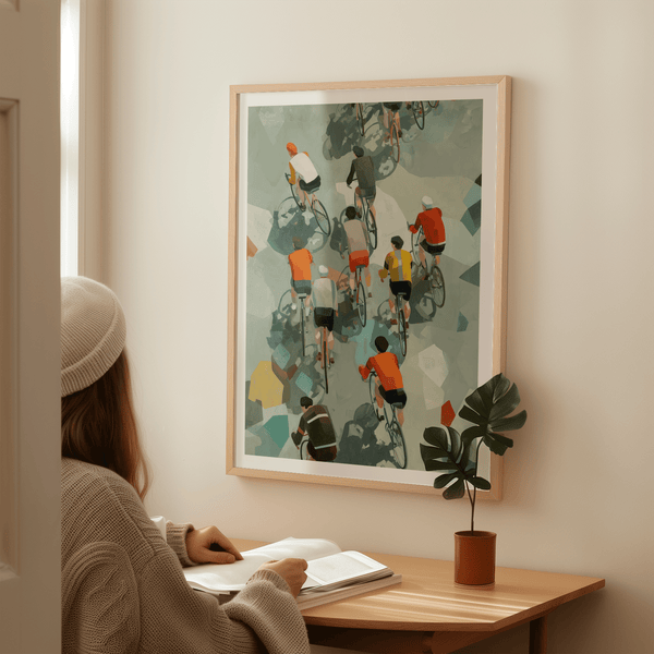 Top-down Bicycle Riders Wall Art print with clustered cyclists and shadows