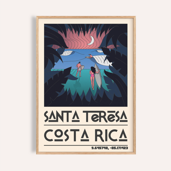 Framed Costa Rica Surf Art poster with surfers and palm border